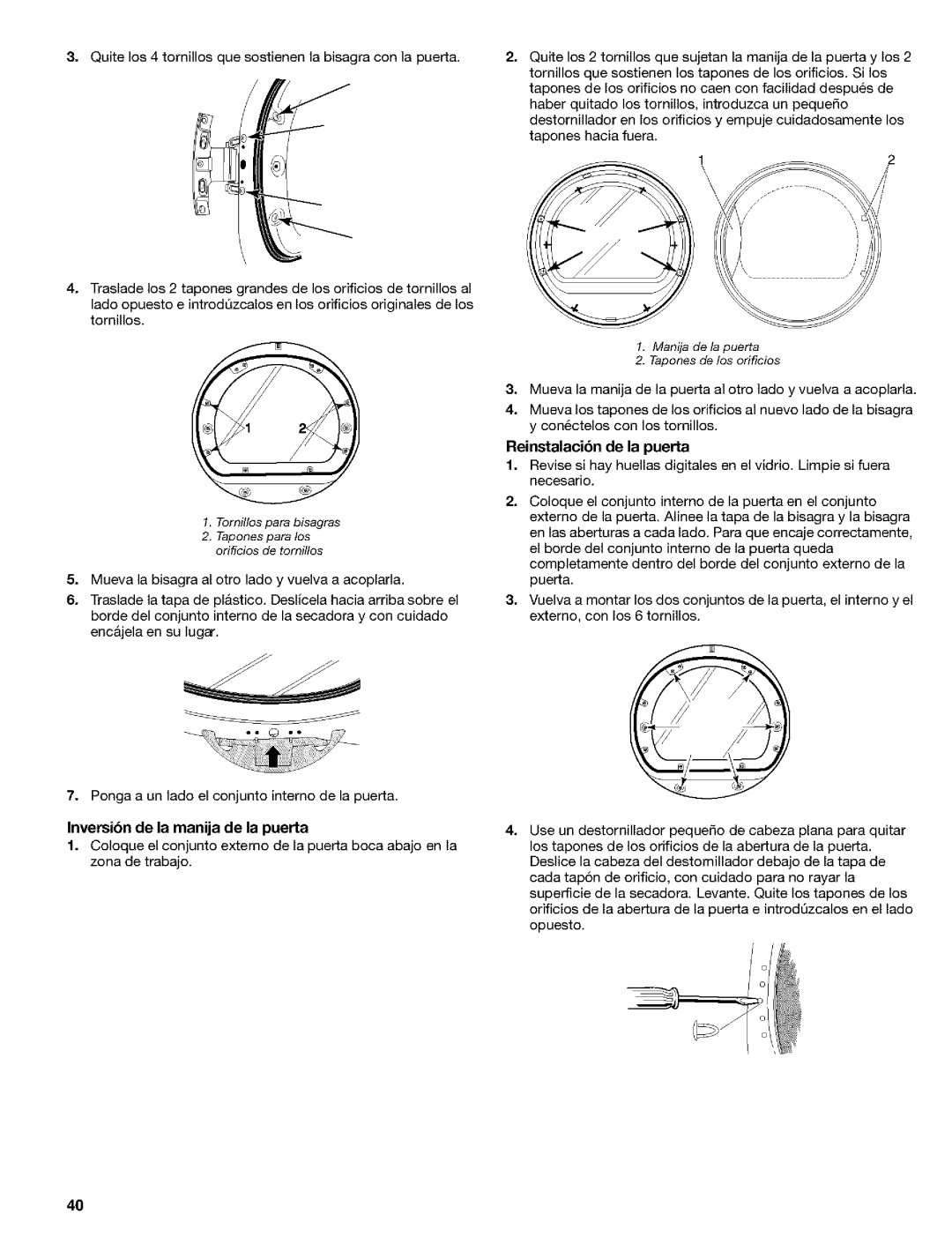 Kenmore 8519319A manual Manija de la puerta Tapones de los orificios 