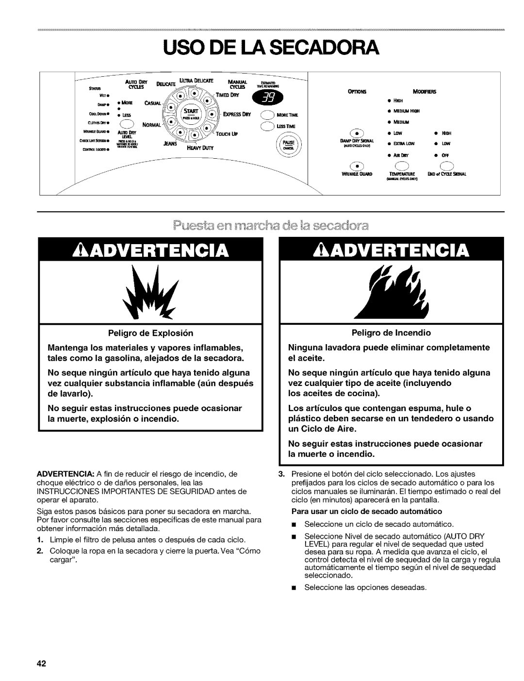 Kenmore 8519319A manual USO DE LA Secadora, Para usar an ciclo de secado autom&tico 