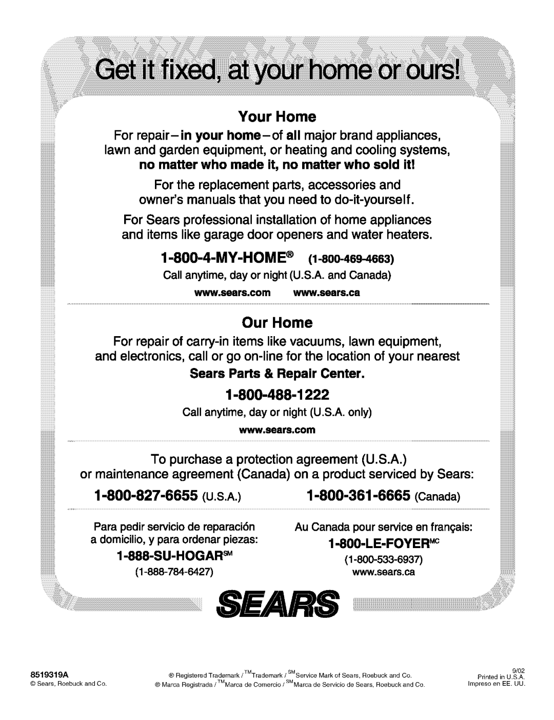 Kenmore 8519319A manual Sears 