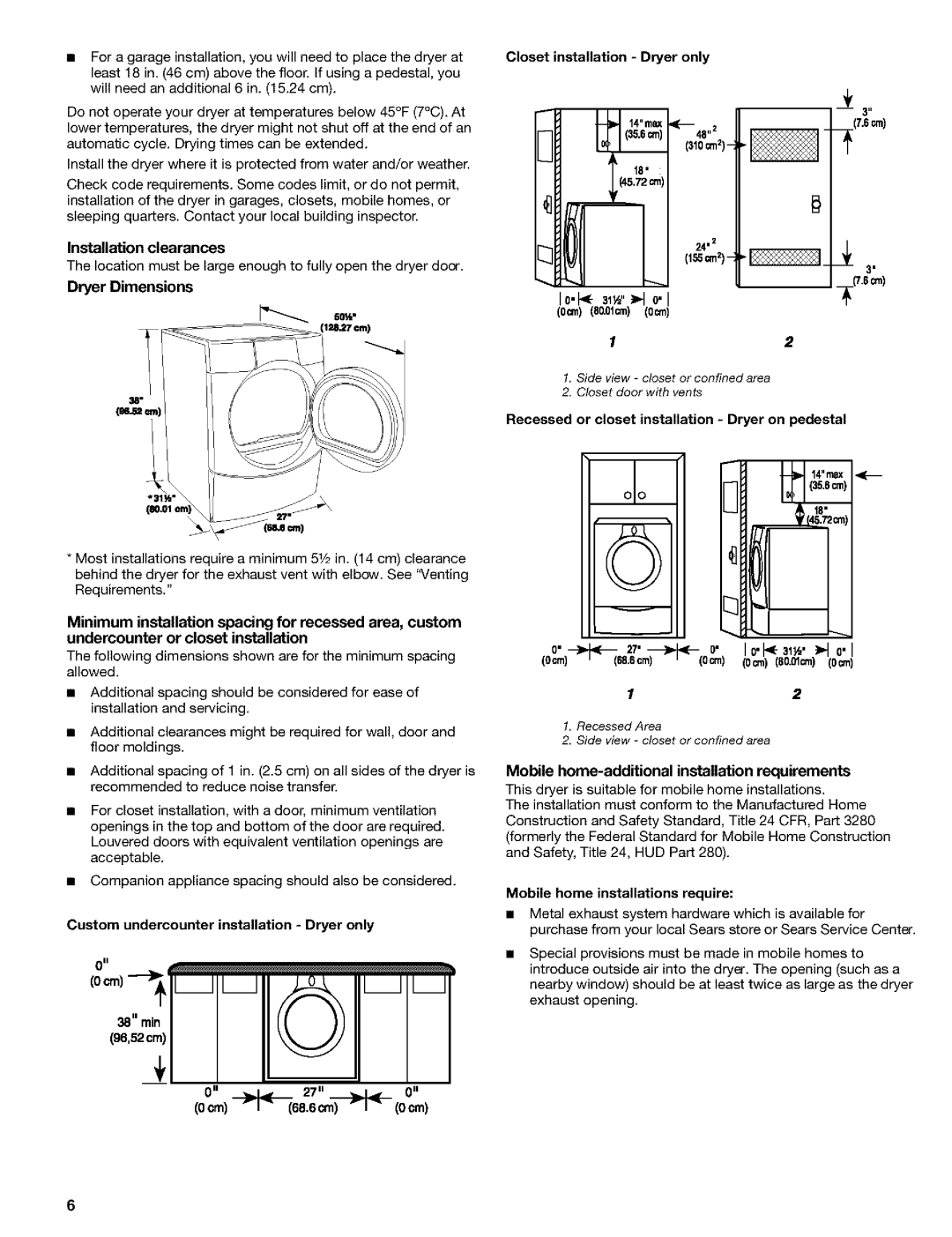 Kenmore 8519319A Installation clearances, Dryer Dimensions, Closet installation Dryer only 0crn, Installation requirements 