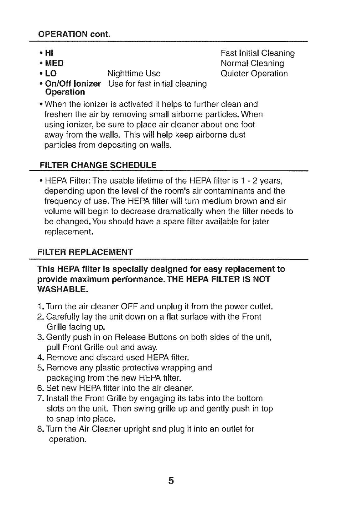 Kenmore 152, 85244 owner manual Operation, Filter Changeschedule, Filter Replacement, Washable 