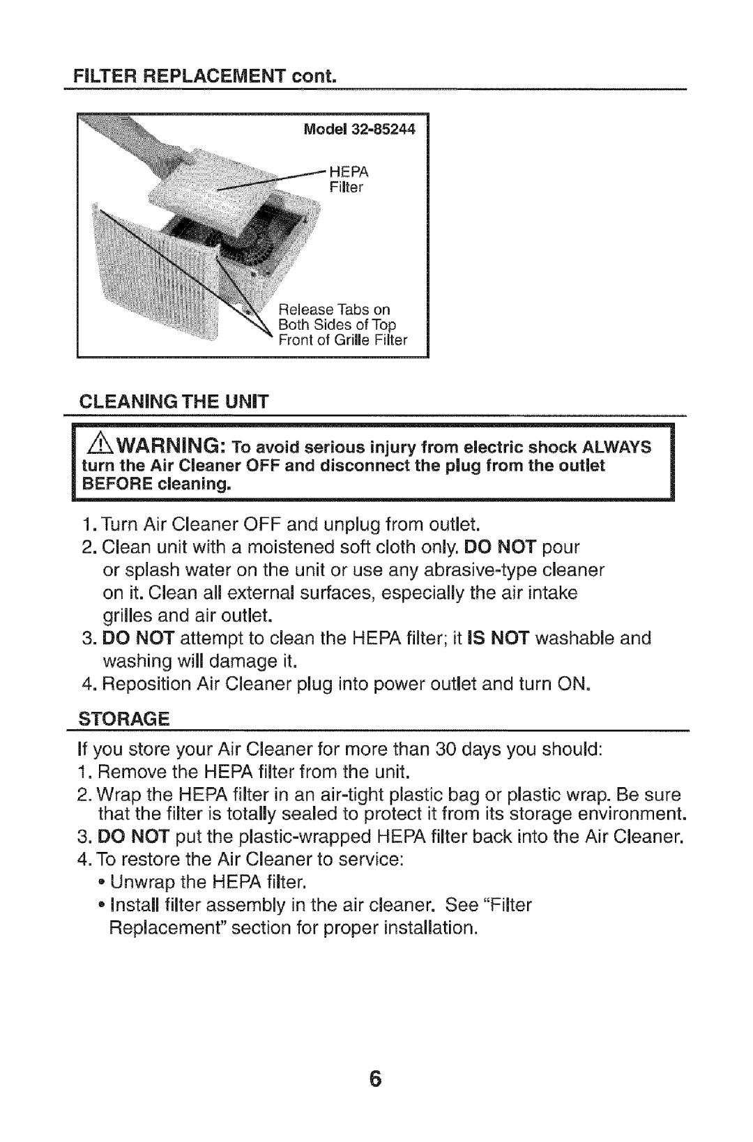 Kenmore 85244, 152 Filter Replacement, OoaVOid serious injury electric from, FF and disconnect the plug from the outlet 