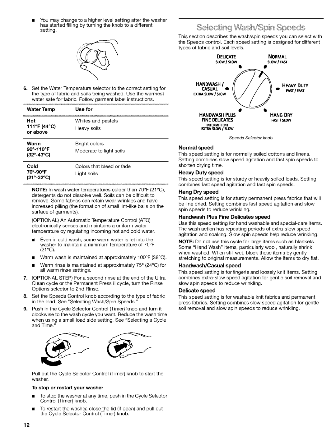 Kenmore 8526119A manual 90110F, 32-43C, 7090F, 21-320, To stop or restart your washer, Normal speed, Heavy Duty speed 