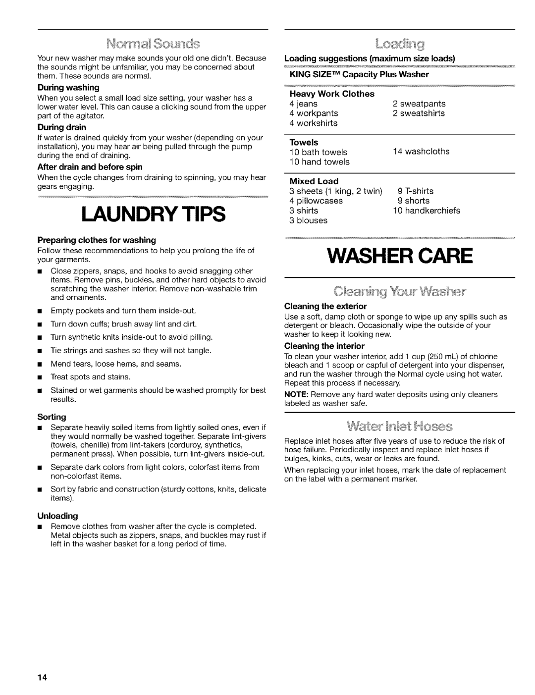 Kenmore 8526119A manual Laundry Tips, Washer Care 