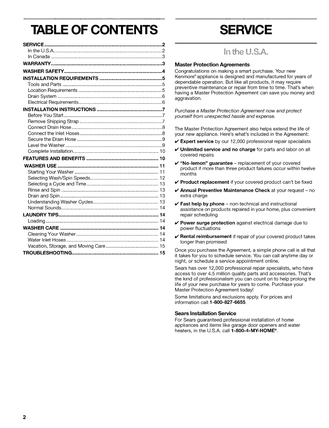 Kenmore 8526119A manual Table of Contents 