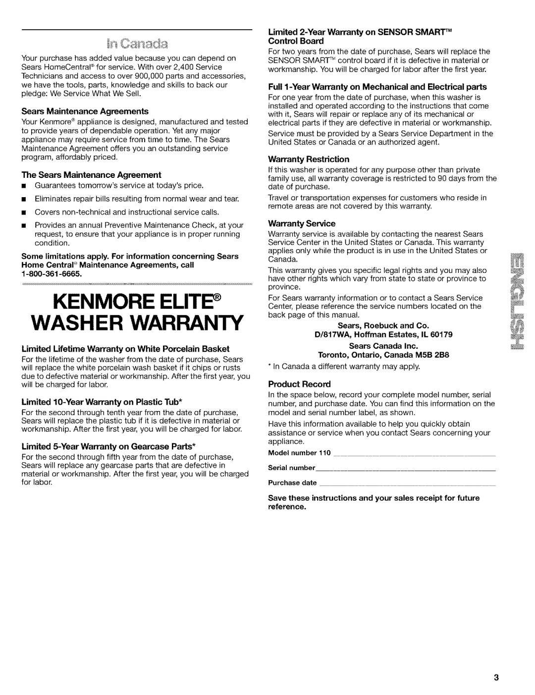 Kenmore 8526119A Sears Maintenance Agreements, Limited Lifetime Warranty on White Porcelain Basket, Warranty Restriction 