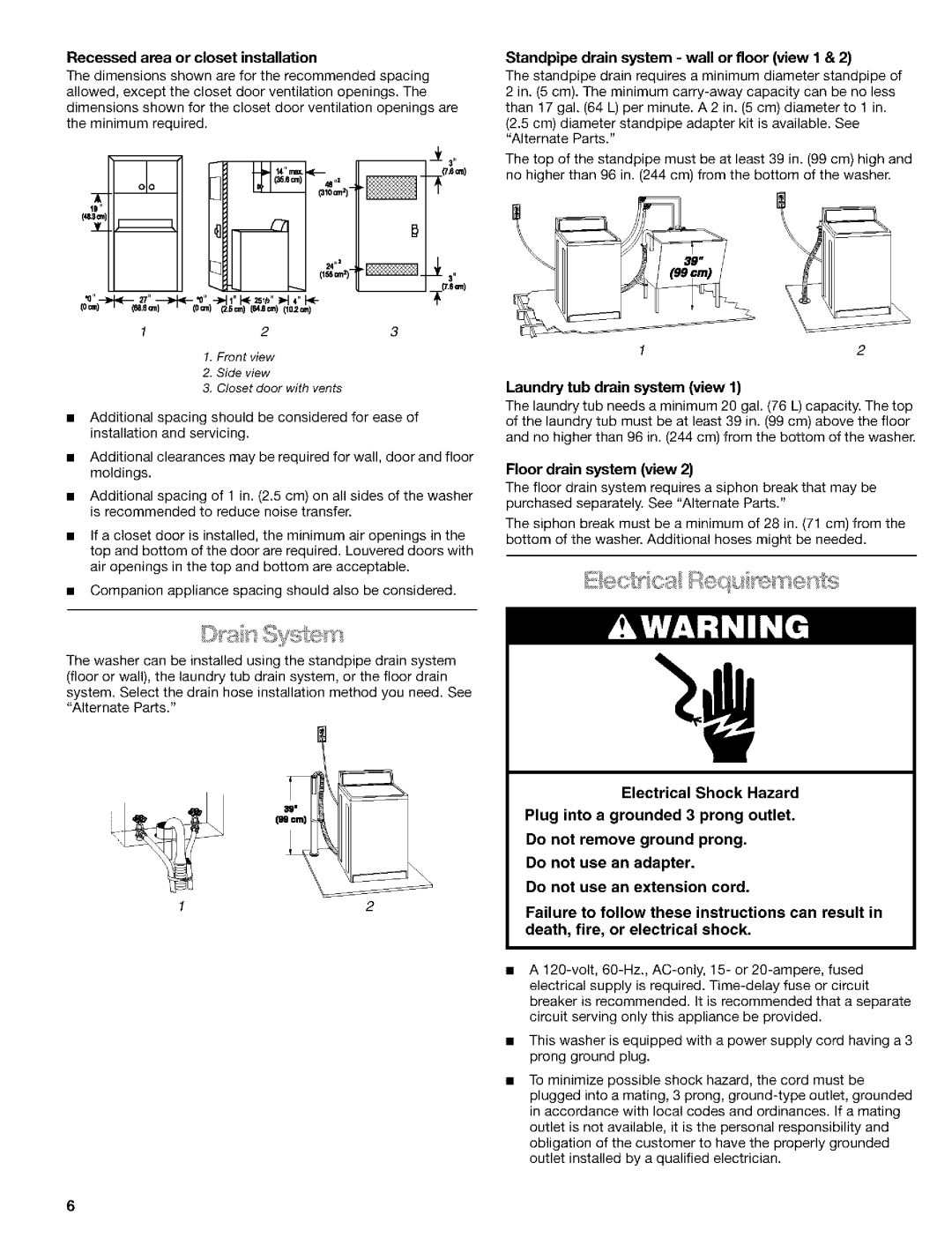 Kenmore 8526119A manual Recessed area or closet installation, Standpipe drain system wall or floor view I 