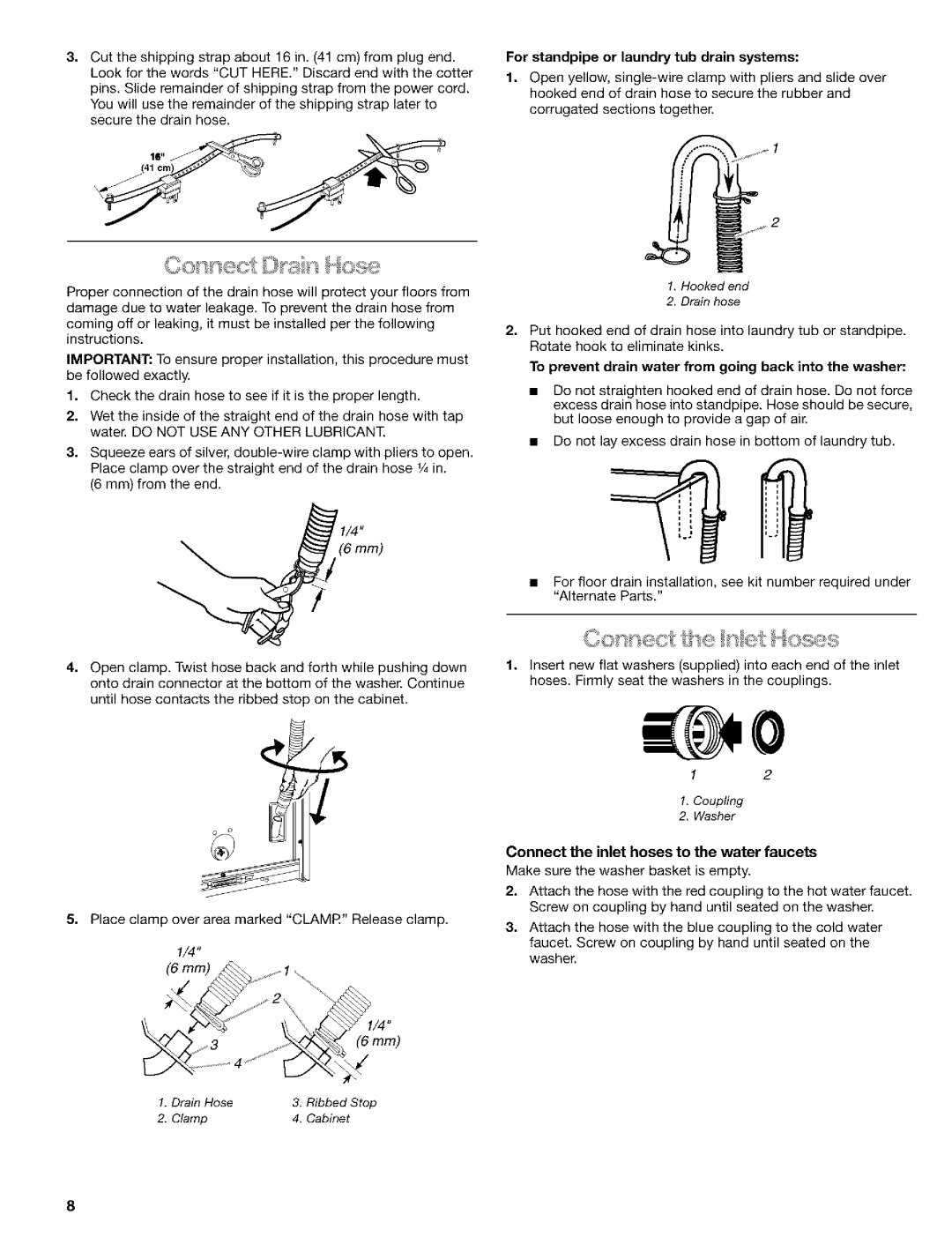 Kenmore 8526119A manual For standpipe or laundry tub drain systems, To prevent drain water from going back into the washer 