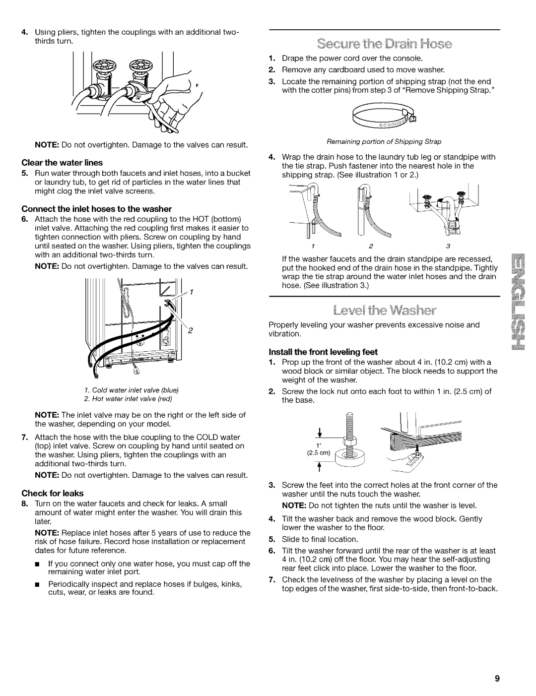 Kenmore 8526119A manual Clear the water lines, Connect the inlet hoses to the washer, Check for leaks 