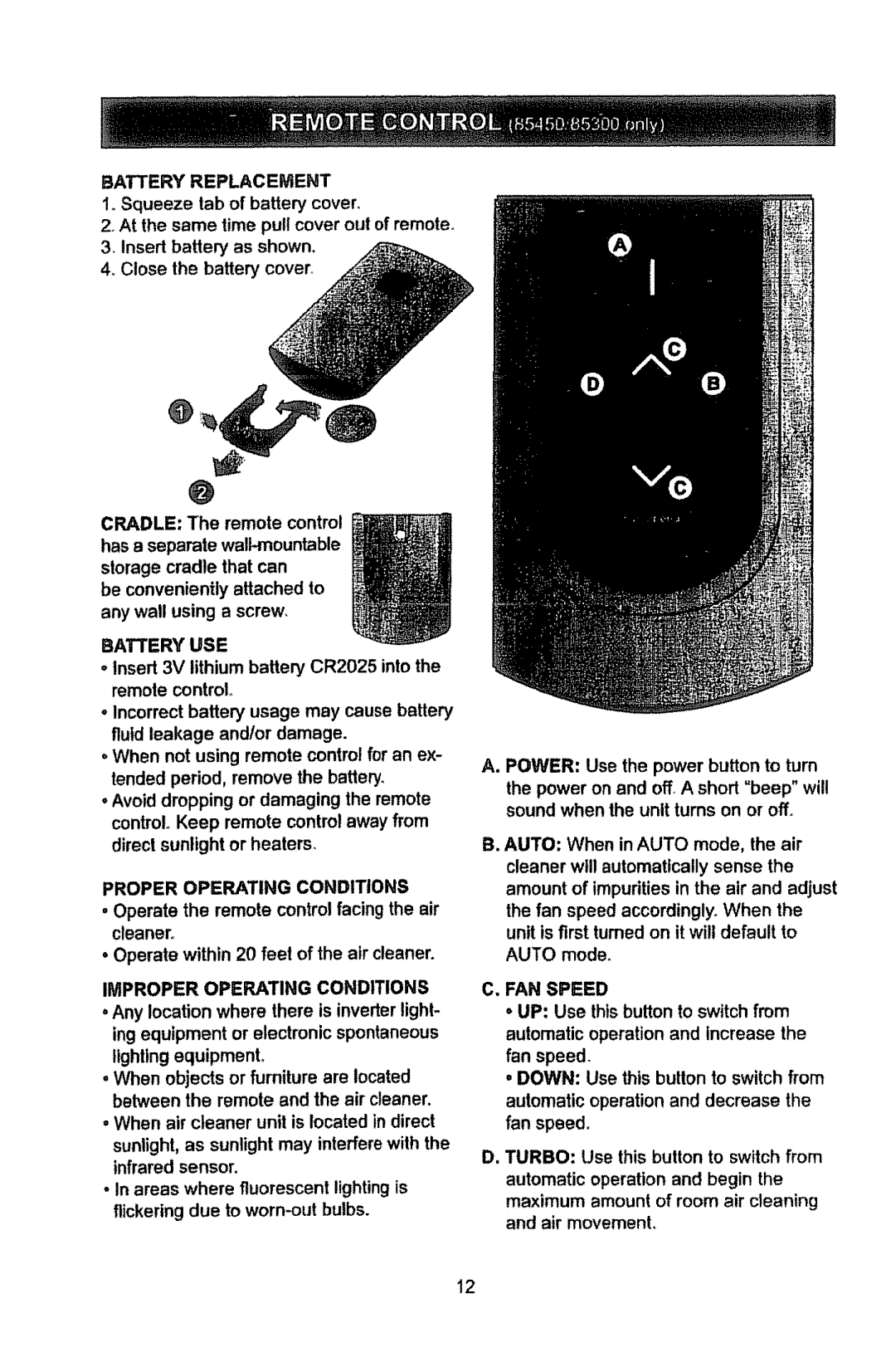 Kenmore 85150 Battery Replacement, Battery USE, Proper Operating Conditions, Improper Operating Conditions, FAN Speed 