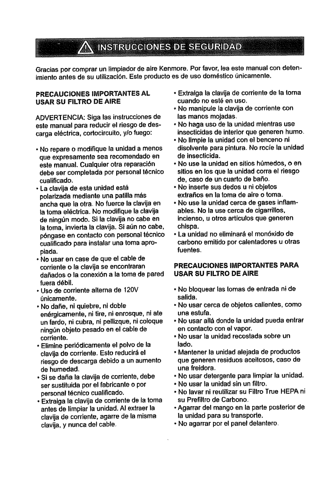 Kenmore 85450 Precauciones Importantes AL Usar SU Filtro DE Aire, Precauciones Importantes Papa Usar SU Filtro DE Airie 