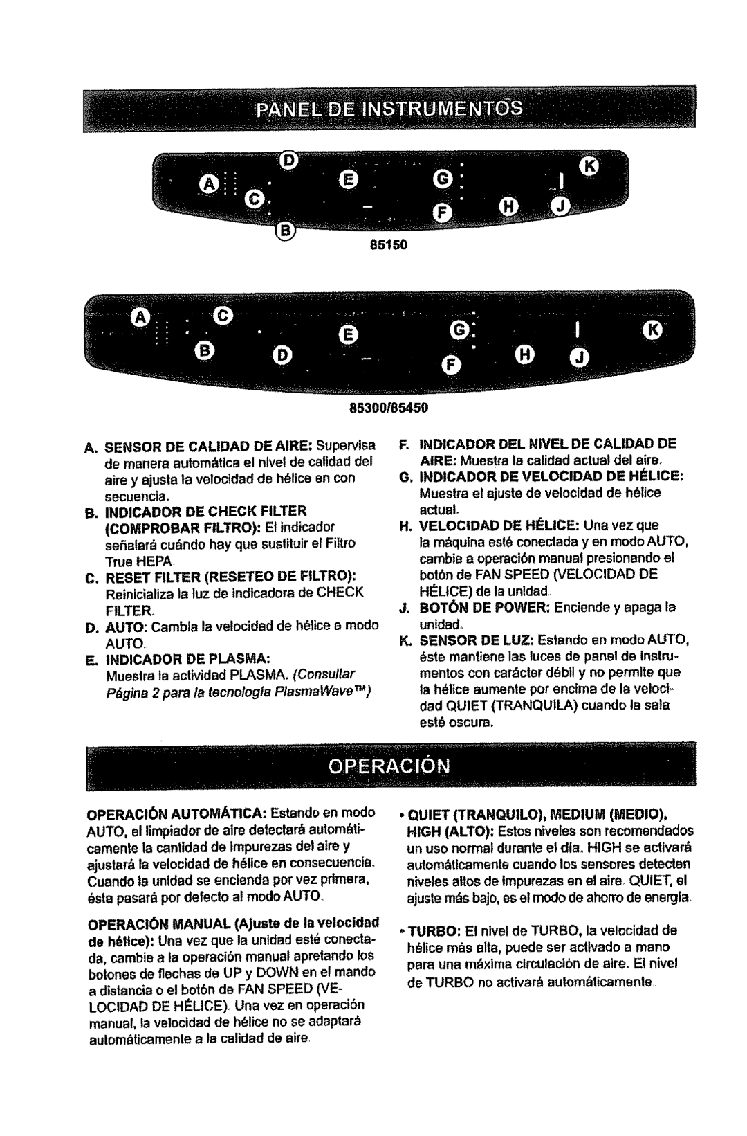 Kenmore 85300, 85450, 85150 manual Indicador DE Plasma, Pdgina 2 para la tecnologiBPlasmaWave 