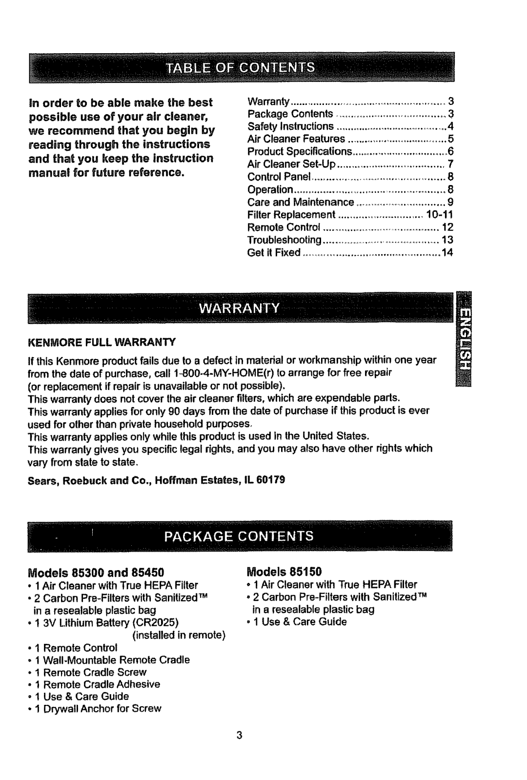 Kenmore 85150, 85450, 85300 manual Models, Kenmore Full Warrant 