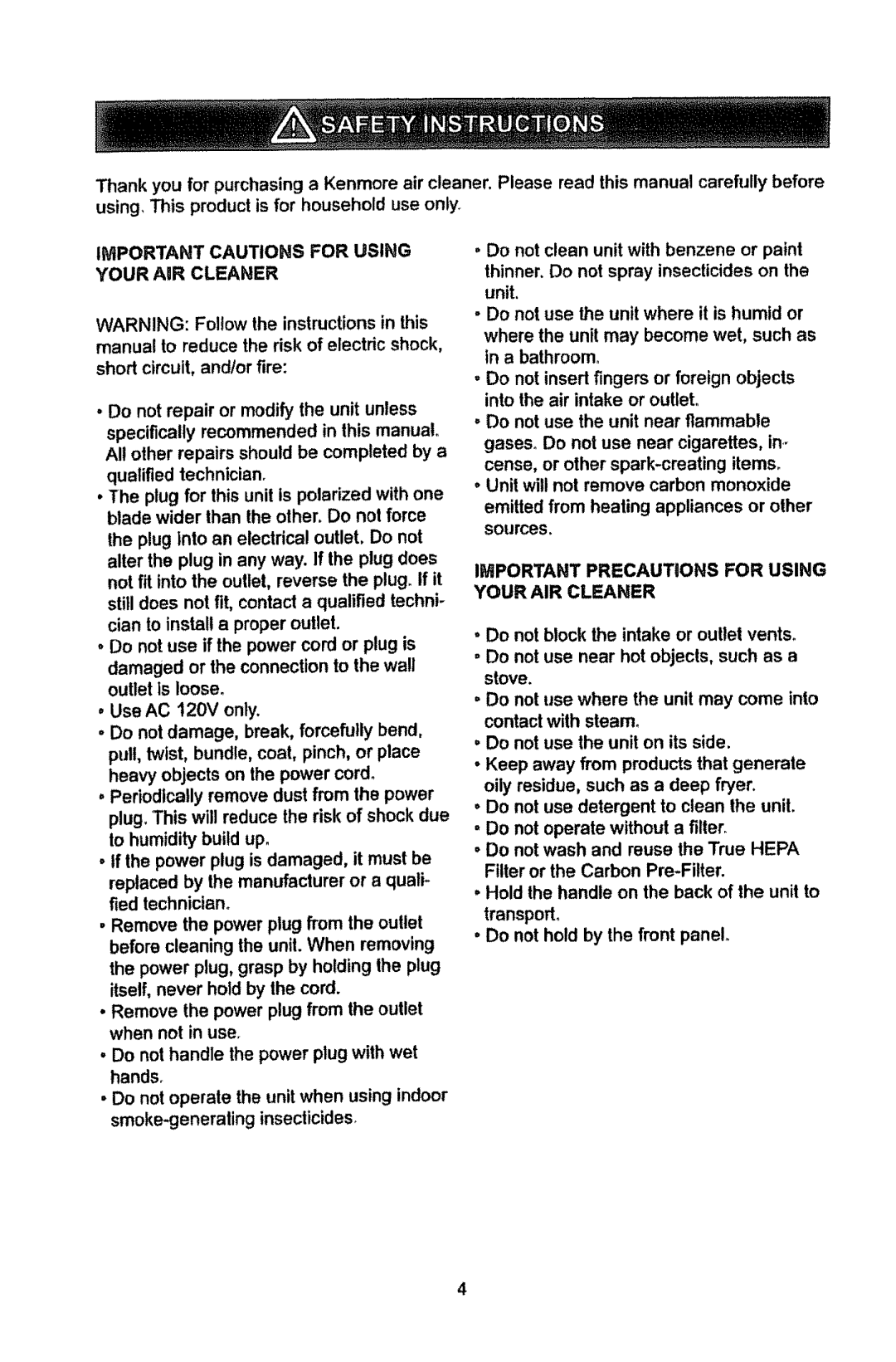 Kenmore 85450, 85300, 85150 Important Cautions for Using Your AIR Cleaner, Important Precautions for Using Your AIR Cleaner 