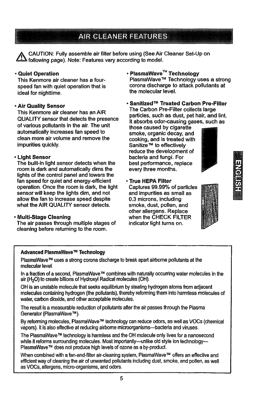 Kenmore 85300, 85450, 85150 manual PlasmaWave TM uses a strong corona discharge molecular level 