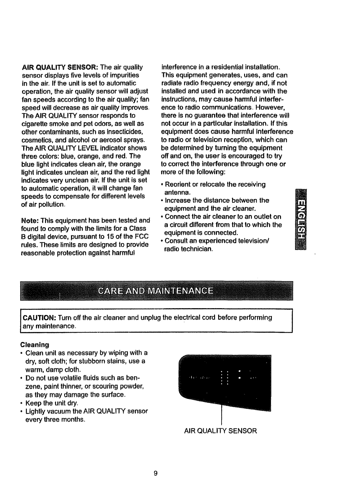 Kenmore 85150, 85450, 85300 manual AIR QUALITYSENSORThe air quality 