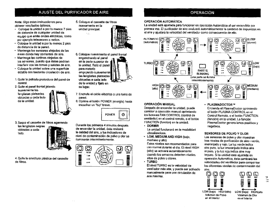 Kenmore 85501, 85500 manual Operacion Automatica, OPERACI6N Manual, Dormir, Turbo Plasmadoctort, Sensores DE Polvo Y Olor 