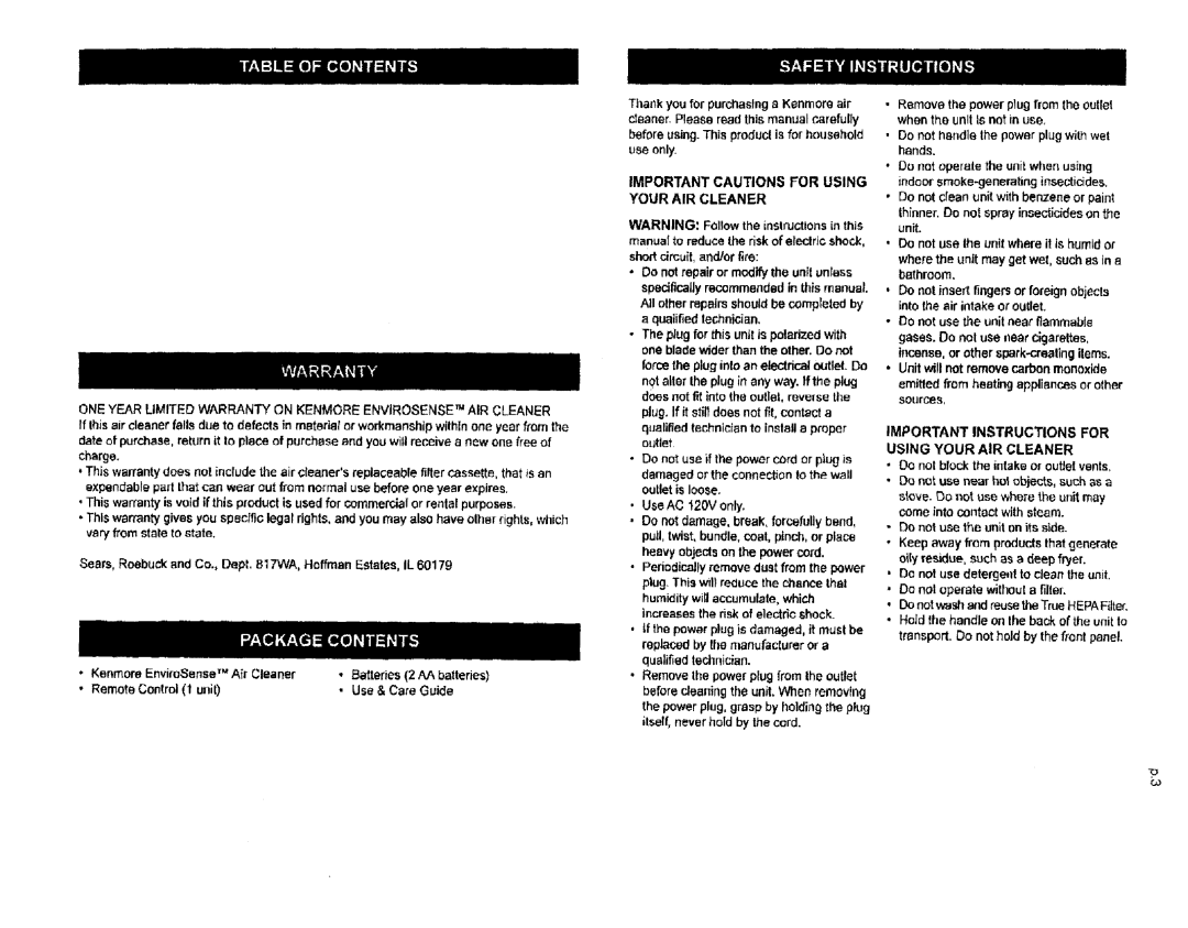 Kenmore 85501, 85500 manual Important Instructions for Using Your AIR Cleaner 