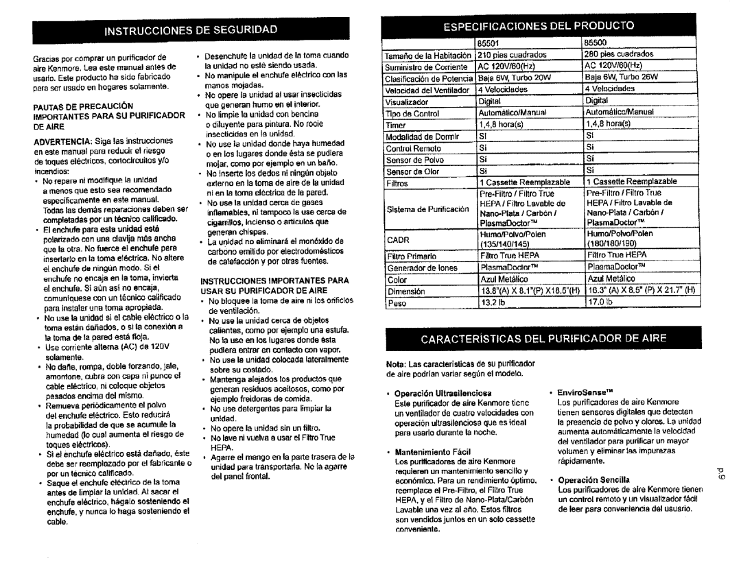 Kenmore 85501 85500, 8o/18o190, Especificamente en este manua, Instrucciones I Mportantes Papa Usar 8U Purficador DE Aire 