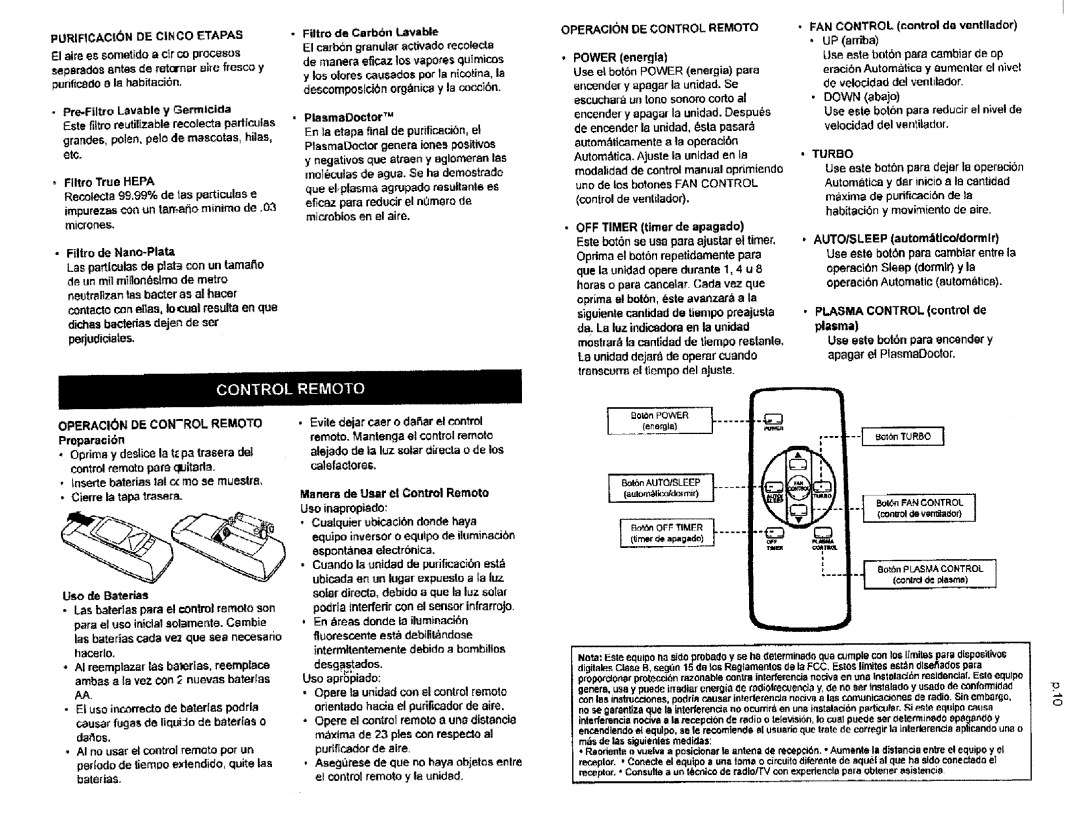 Kenmore 85500, 85501 manual PlasmaDoctor TM, Encender y apagar la unidad. Despus, FAN Control control de ventllador UP ardba 