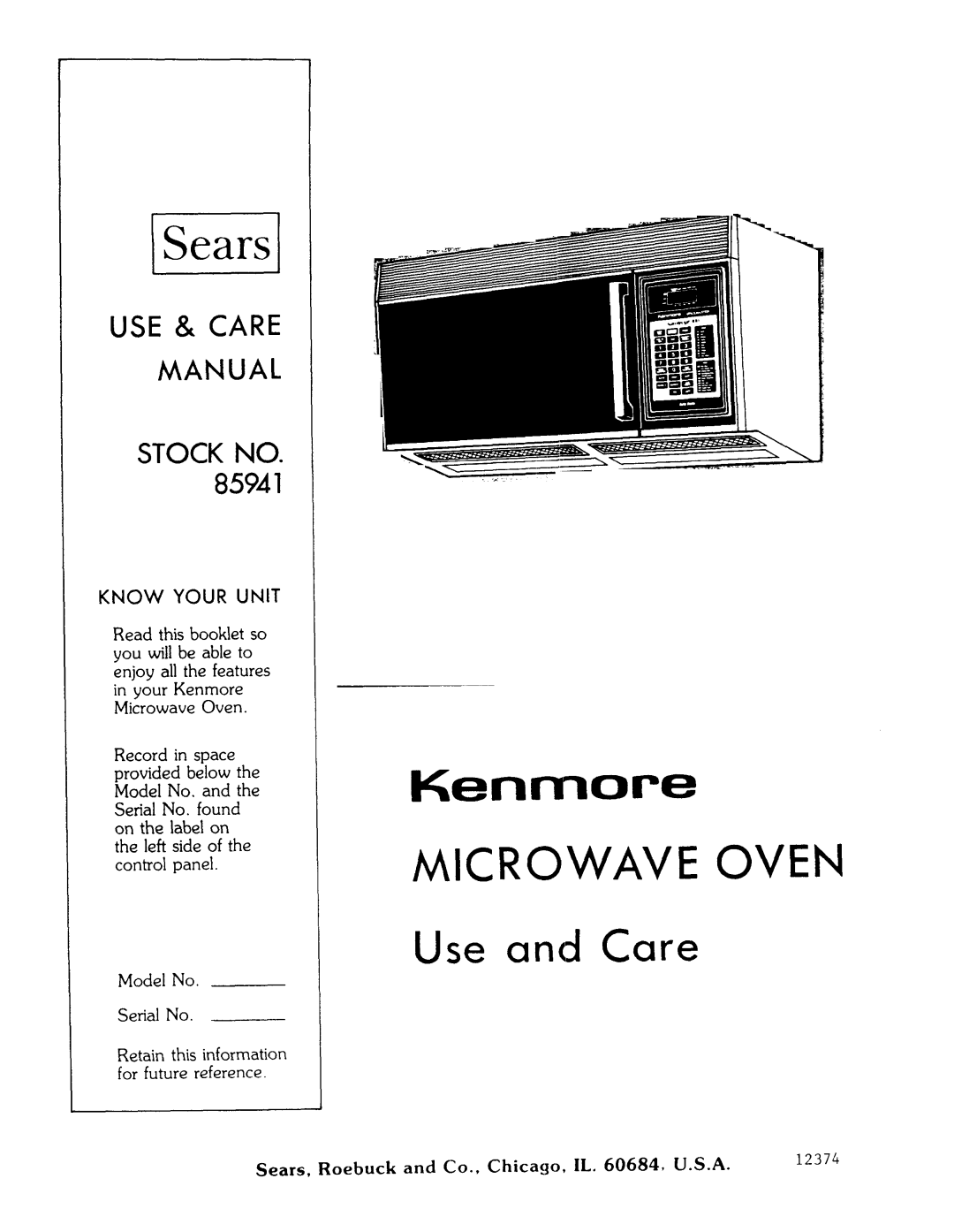 Kenmore 85941 manual ISears, Sears, Roebuck Co., Chicago 12374 