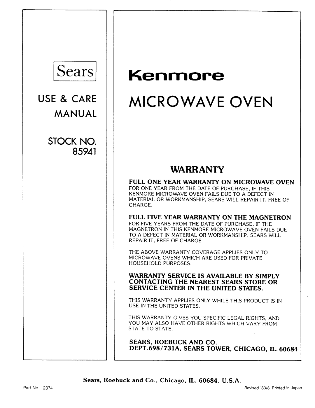 Kenmore 85941 manual Kenmore, Sears, Roebuck and Co., Chicago, IL , U.S.A 