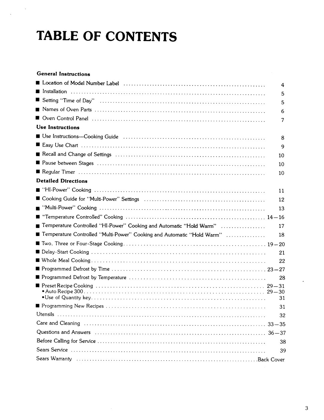 Kenmore 85941 manual Table of Contents 