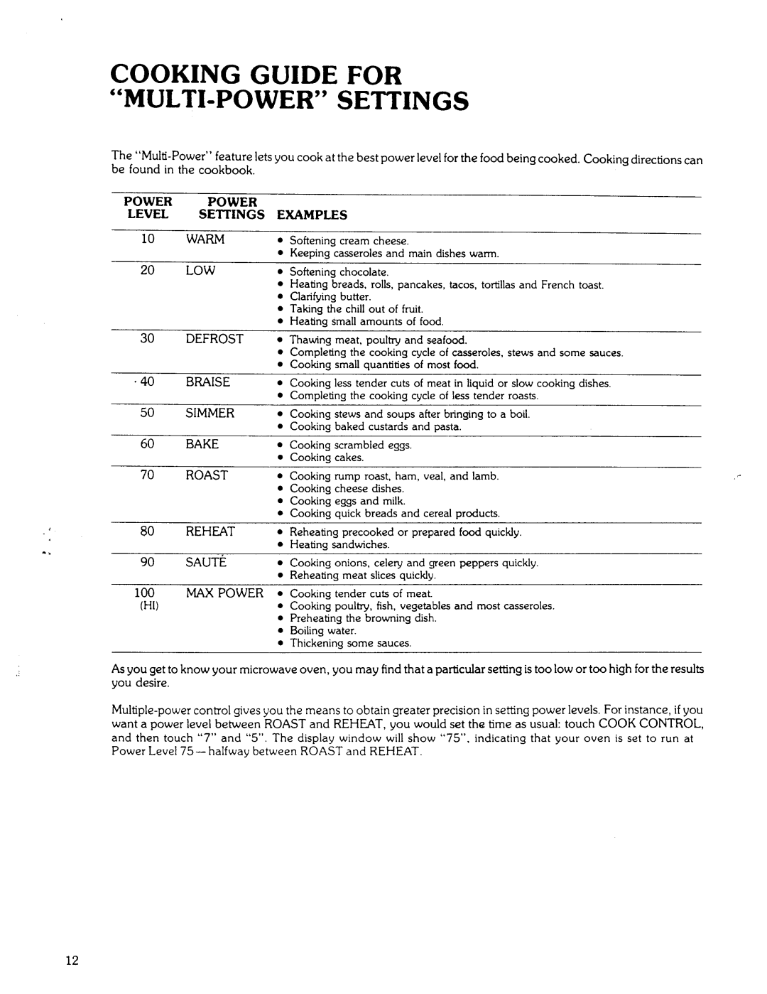 Kenmore 85941 manual Cooking Guide for MULTI-POWER Settings 