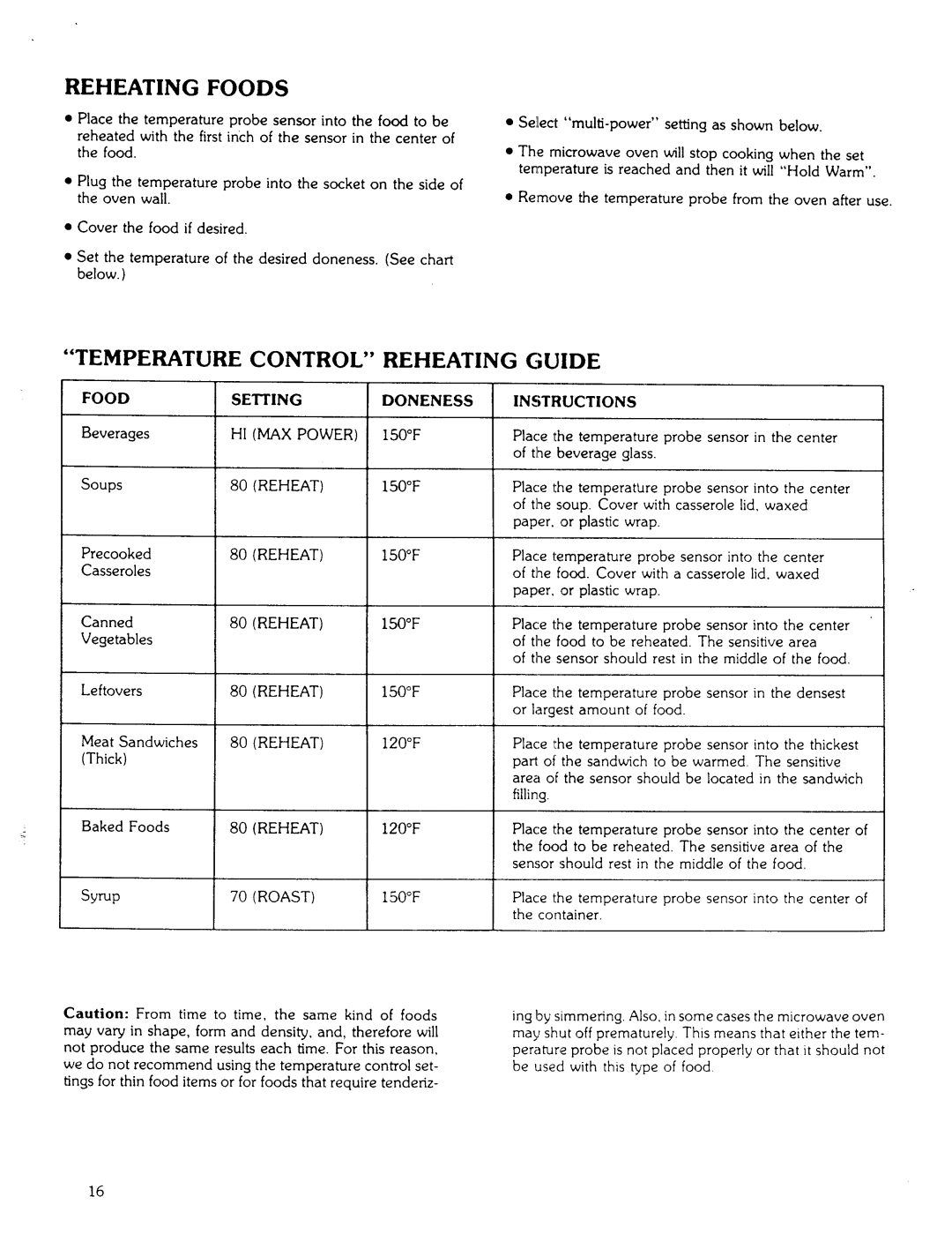 Kenmore 85941 manual Reheating Foods 