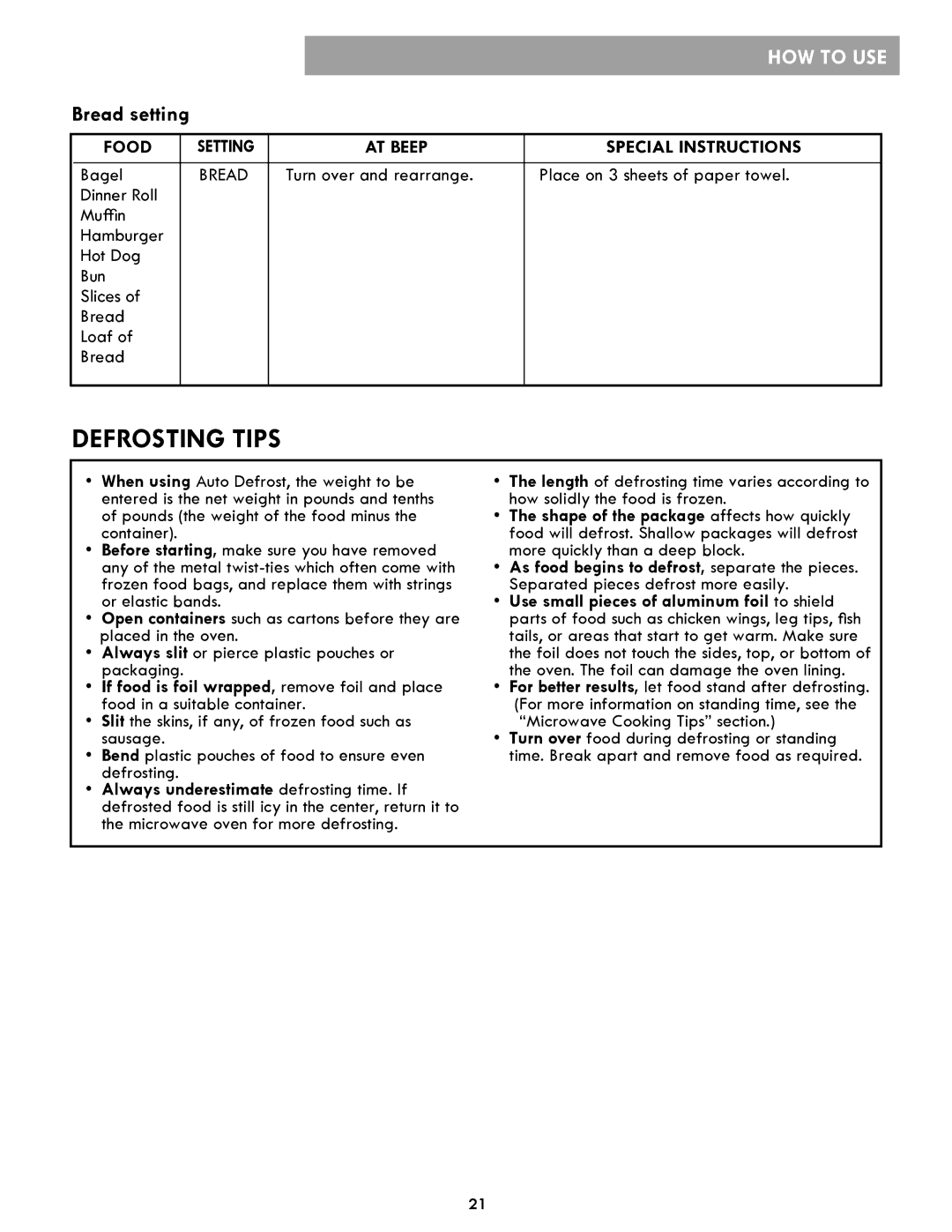 Kenmore 86013, 86019, 721.86012 manual Defrosting Tips, Bread setting, Use small pieces of aluminum foil to shield 