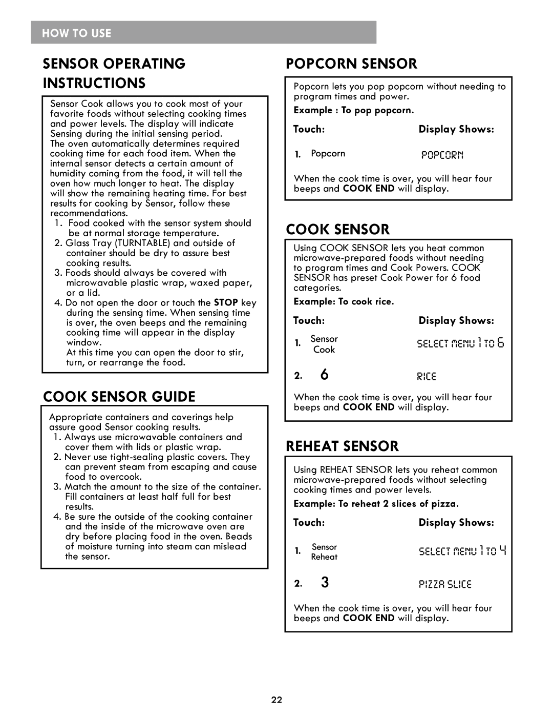 Kenmore 86019, 86013, 721.86012 manual Sensor Operating Instructions, Cook Sensor Guide, Popcorn Sensor, Reheat Sensor 