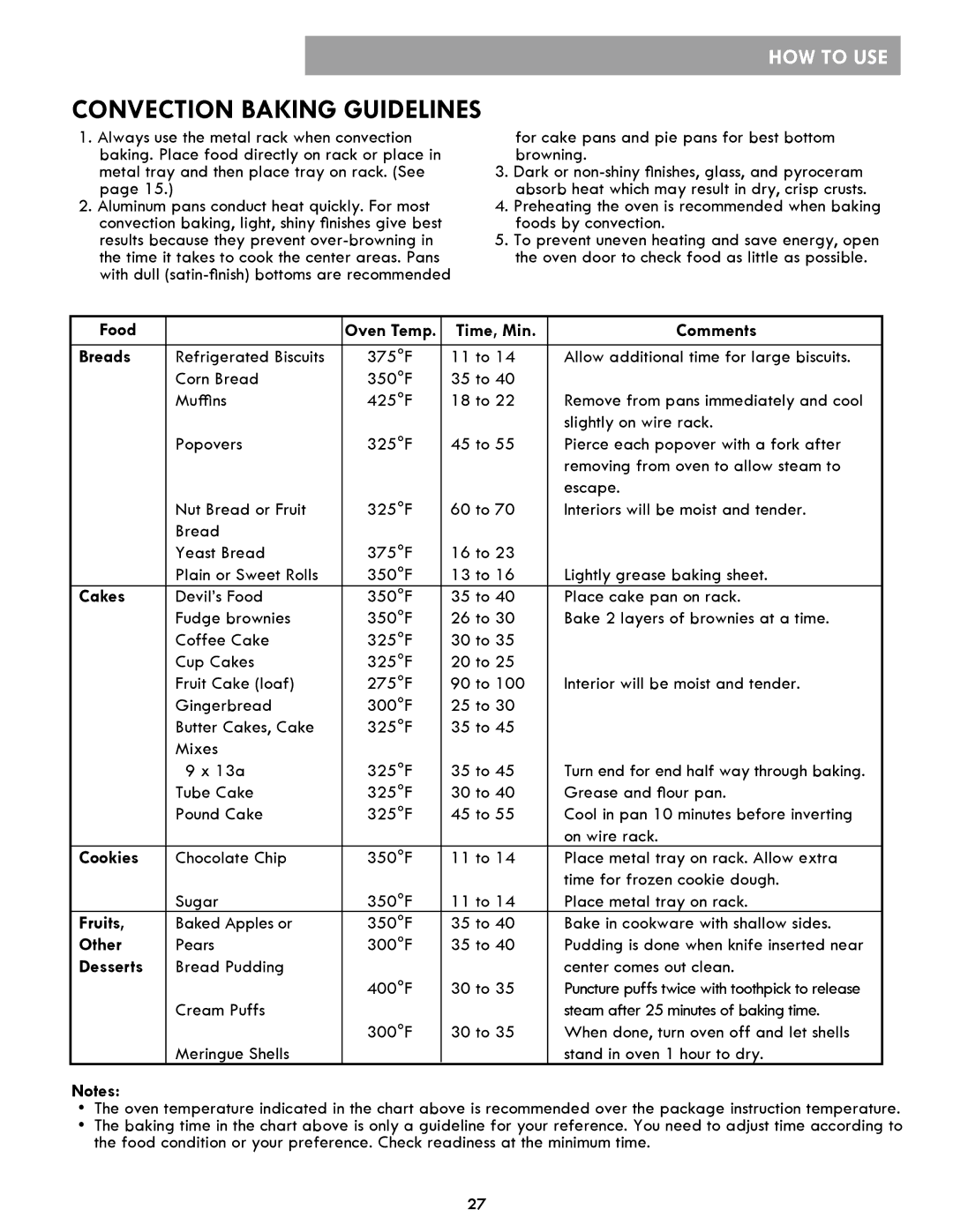 Kenmore 86013, 86019, 721.86012 manual Convection Baking Guidelines 