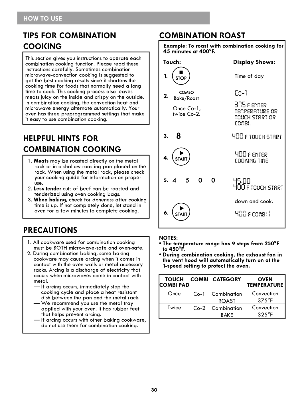 Kenmore 86013, 86019, 721.86012 manual Precautions, Combination Roast, Temperature range has 9 steps from 250F to 450F, Touch 