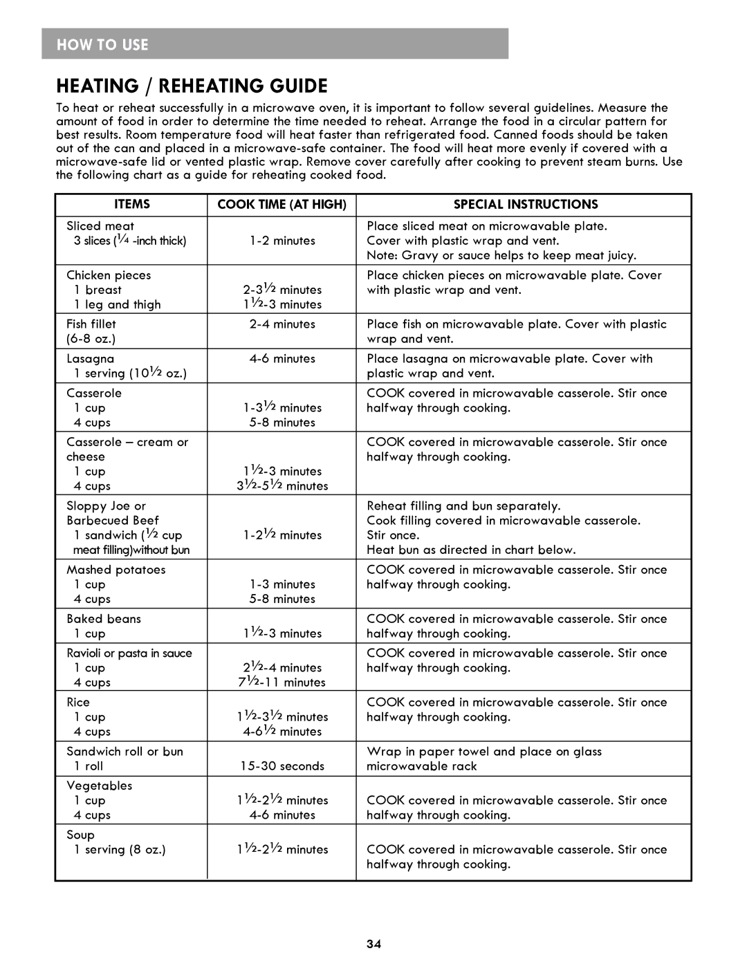 Kenmore 86019, 86013, 721.86012 manual Heating / Reheating Guide, Items Cook time at High Special Instructions 