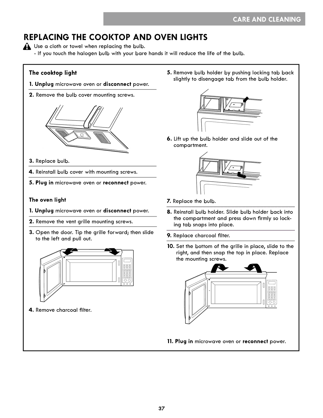 Kenmore 86019, 86013, 721.86012 manual Replacing the Cooktop and Oven Lights, Cooktop light, Oven light 