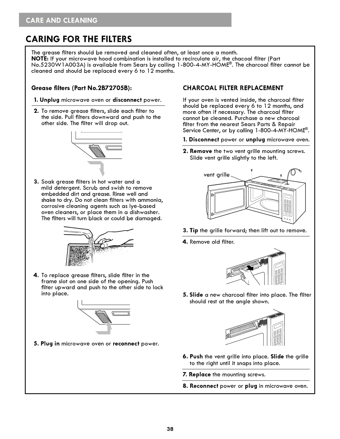 Kenmore 721.86012, 86013, 86019 manual Caring for the Filters, Grease filters Part No.2B72705B 