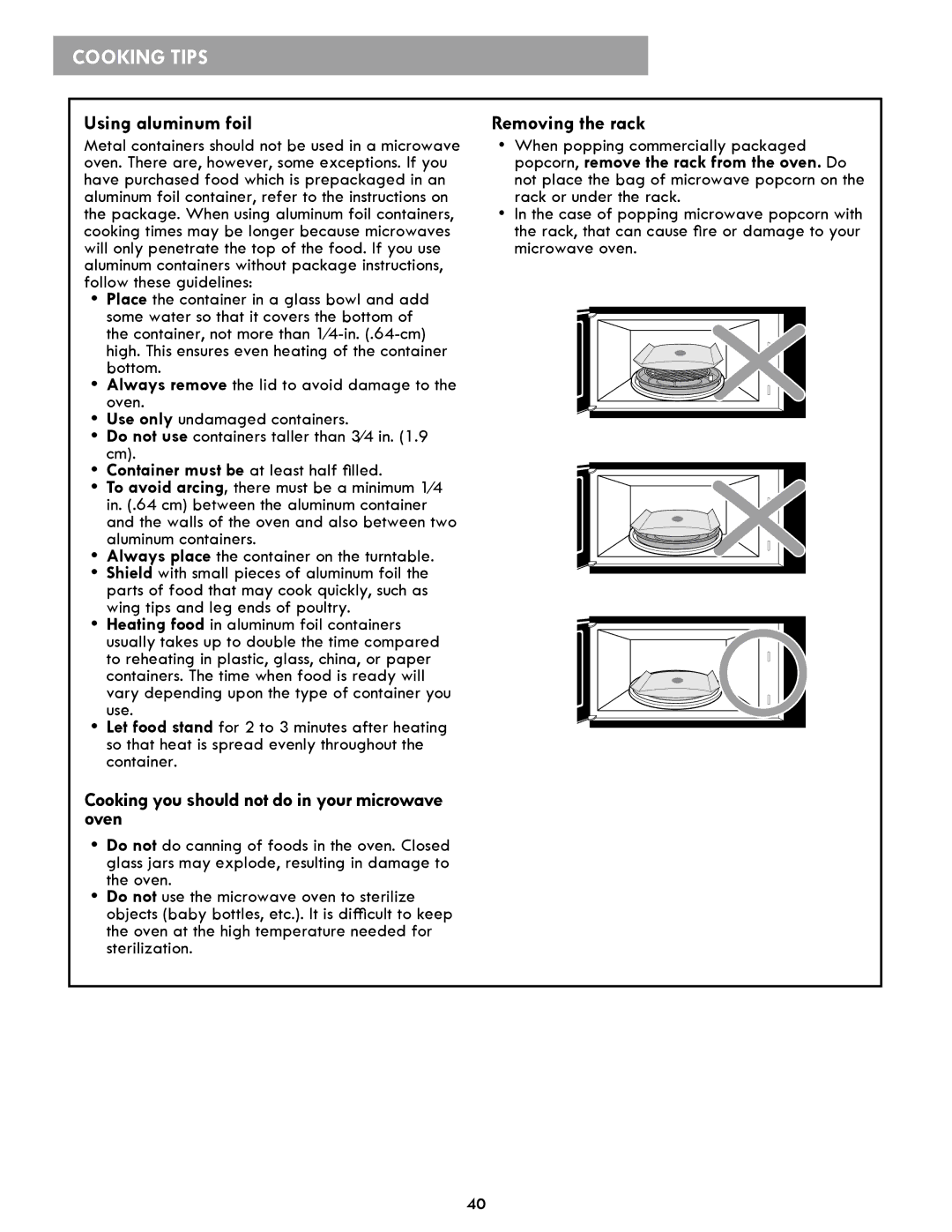 Kenmore 86019, 86013, 721.86012 Using aluminum foil, Cooking you should not do in your microwave oven, Removing the rack 