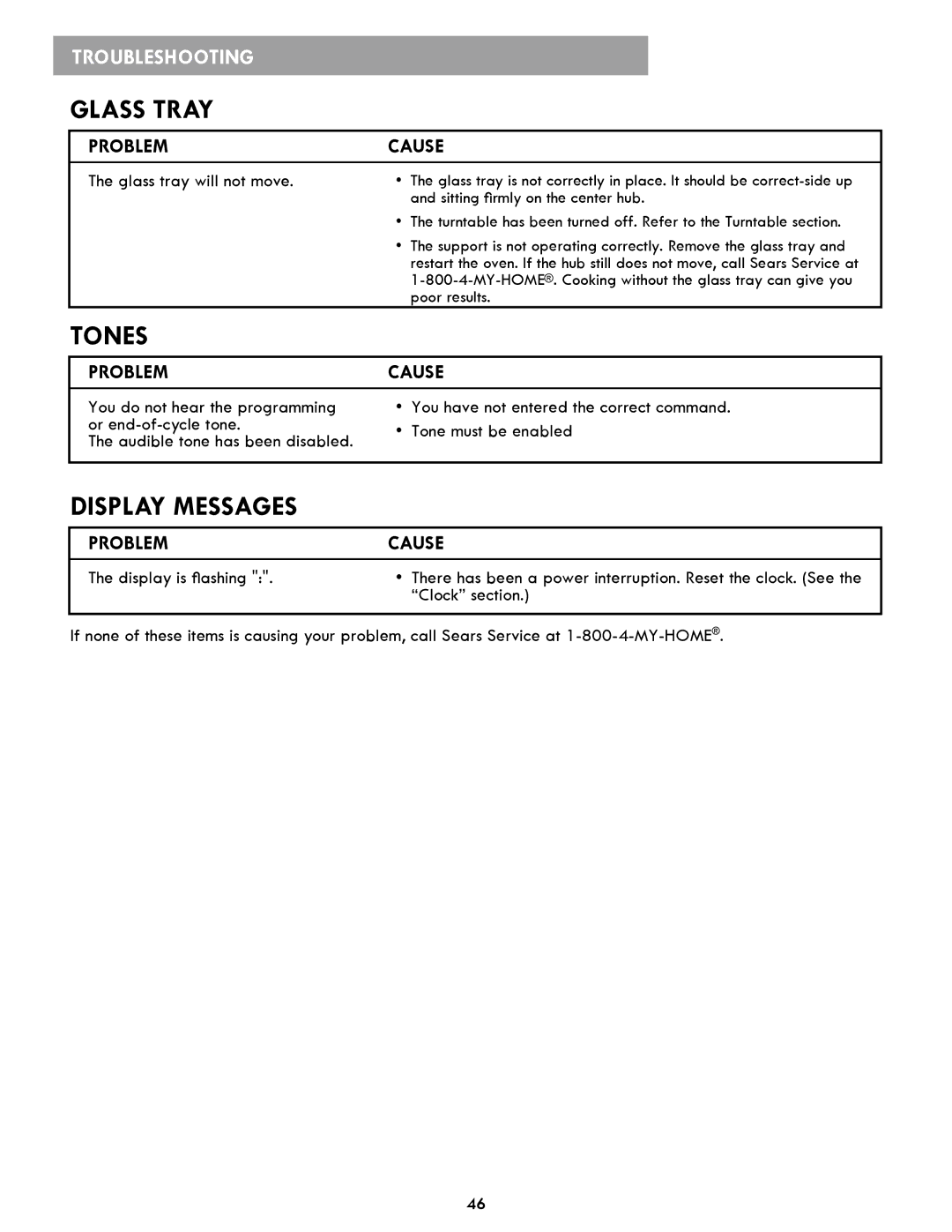 Kenmore 86019, 86013, 721.86012 manual Glass Tray, Tones, Display Messages, Glass tray will not move 