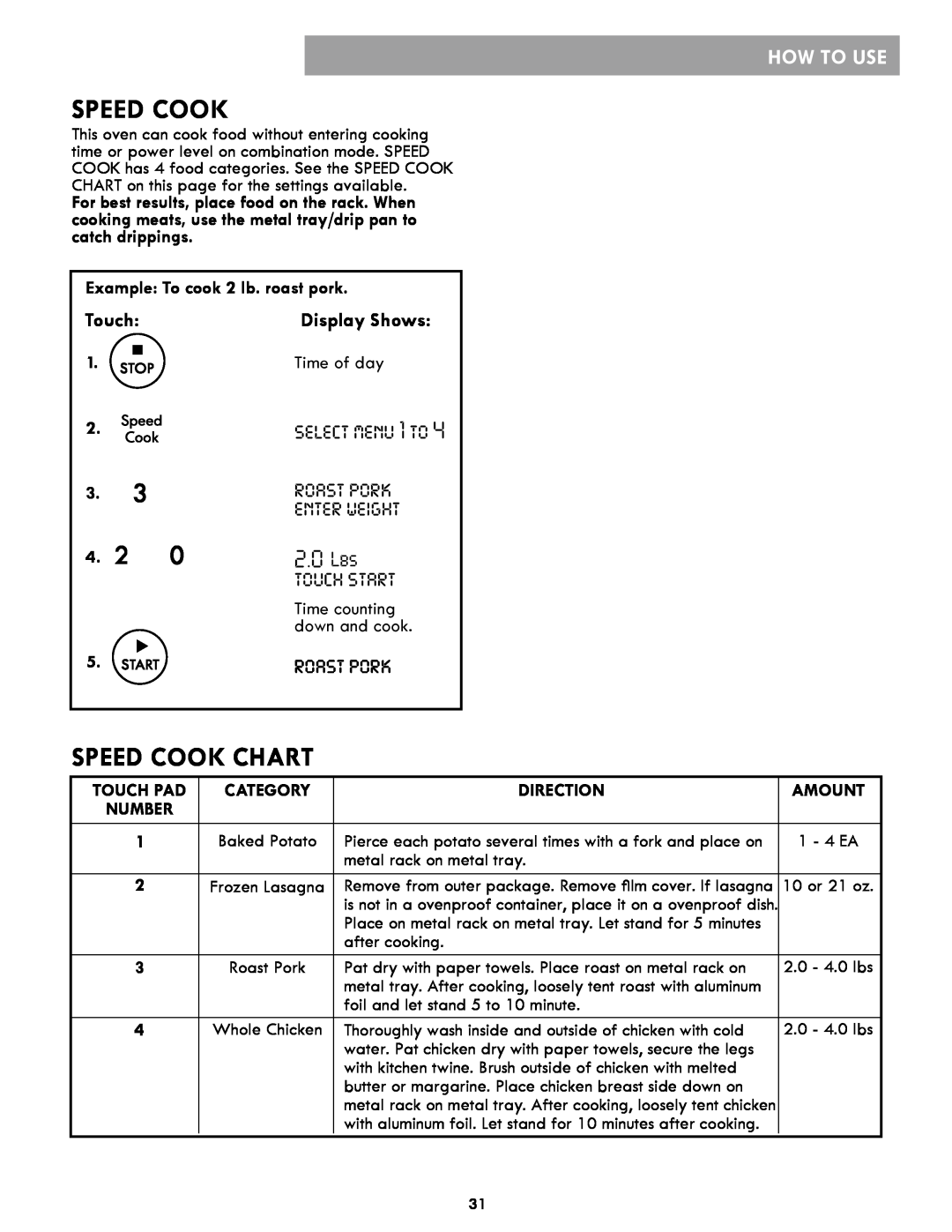 Kenmore 86019 Speed Cook Chart, 2.0 Lbs, Example To cook 2 lb. roast pork, How To Use, enter weight, touch start 