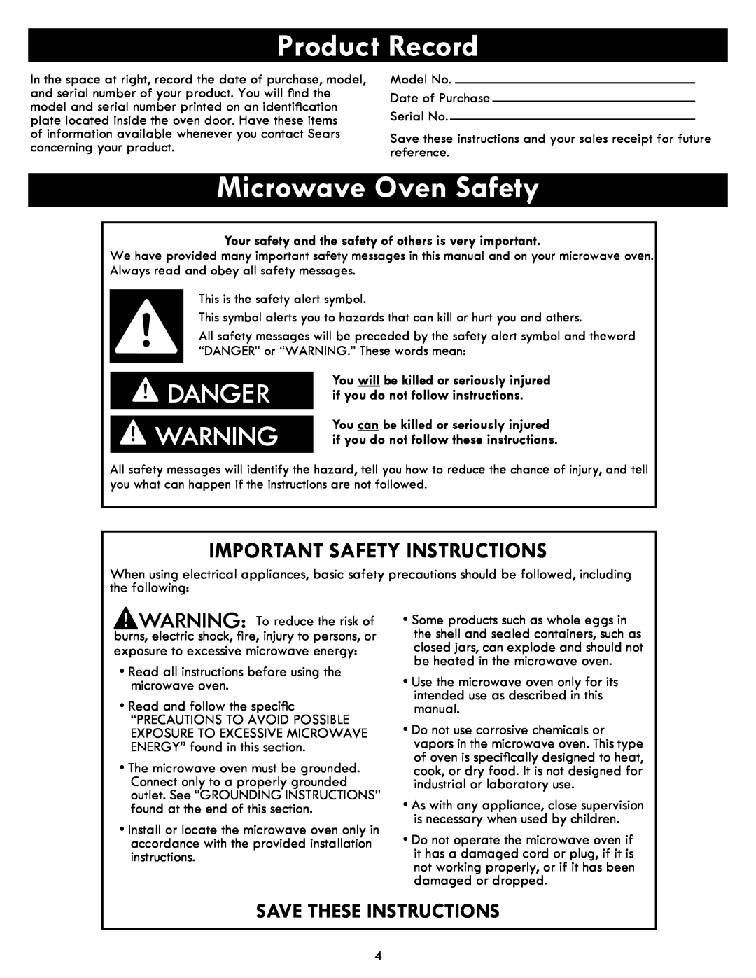 Kenmore 86019, 86013 Product Record, Microwave Oven Safety, Important Safety Instructions, Save These Instructions, Danger 
