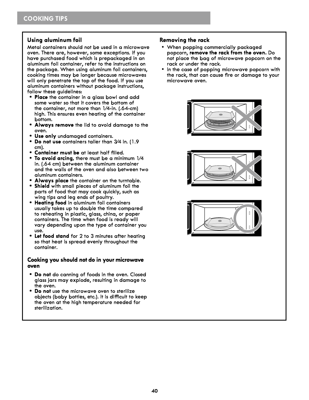 Kenmore 86019 manual Cooking Tips, Using aluminum foil, Cooking you should not do in your microwave oven, Removing the rack 