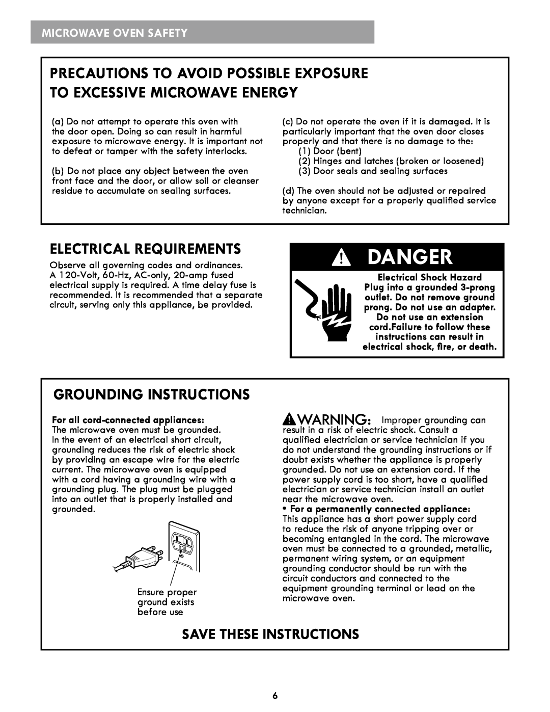 Kenmore 86013 Danger, Electrical Requirements, Grounding Instructions, Electrical Shock Hazard, Save These Instructions 