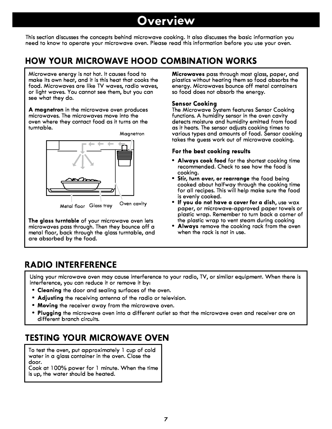 Kenmore 86019, 86013 Overview, How Your Microwave Hood Combination Works, Radio Interference, Testing Your Microwave Oven 