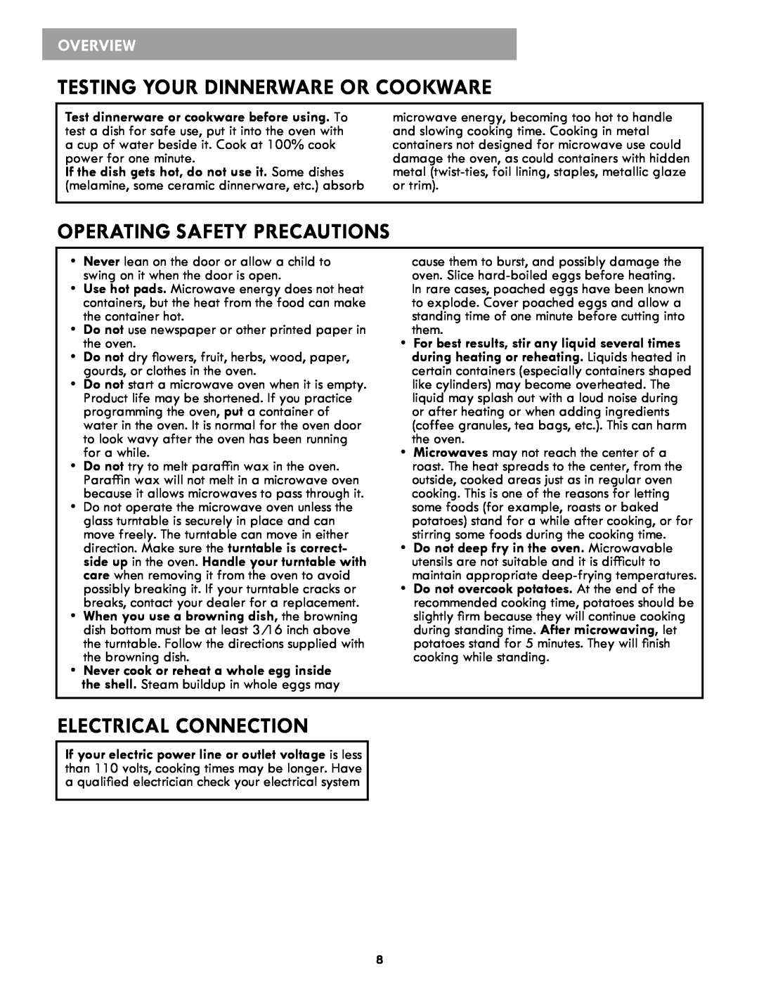 Kenmore 721.86012 manual Testing Your Dinnerware Or Cookware, Operating Safety Precautions, Electrical Connection, Overview 