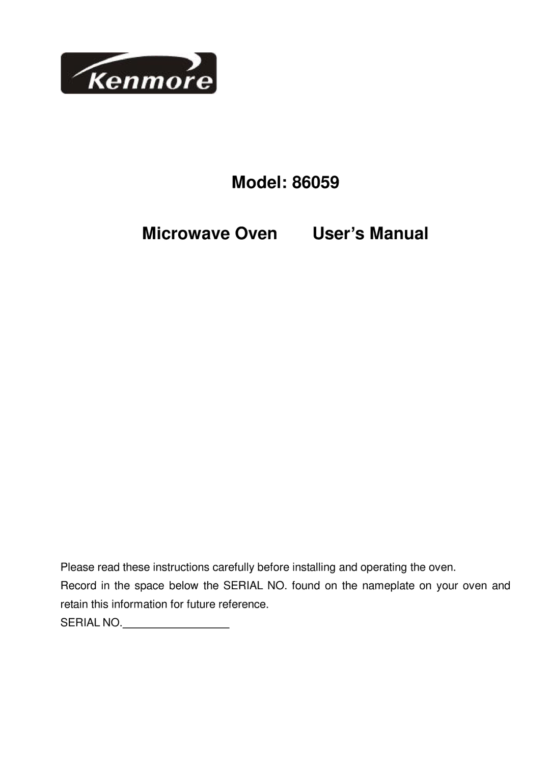 Kenmore 86059 user manual Model Microwave Oven User’s Manual 