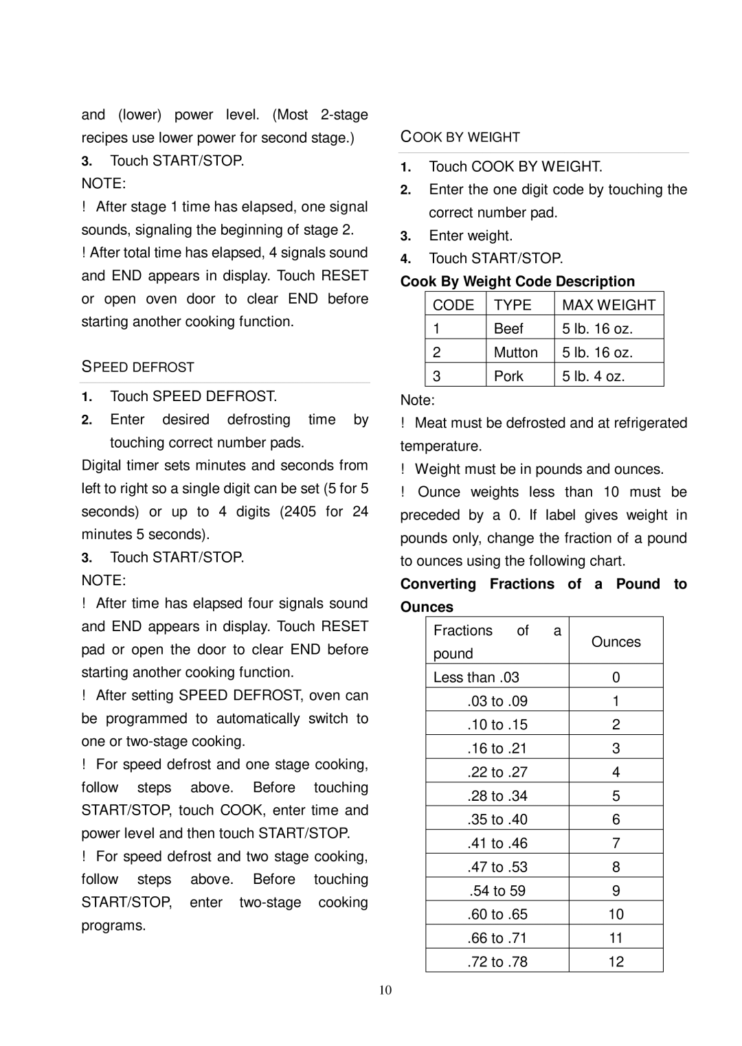 Kenmore 86059 user manual Cook By Weight Code Description, Converting Fractions of a Pound to Ounces 