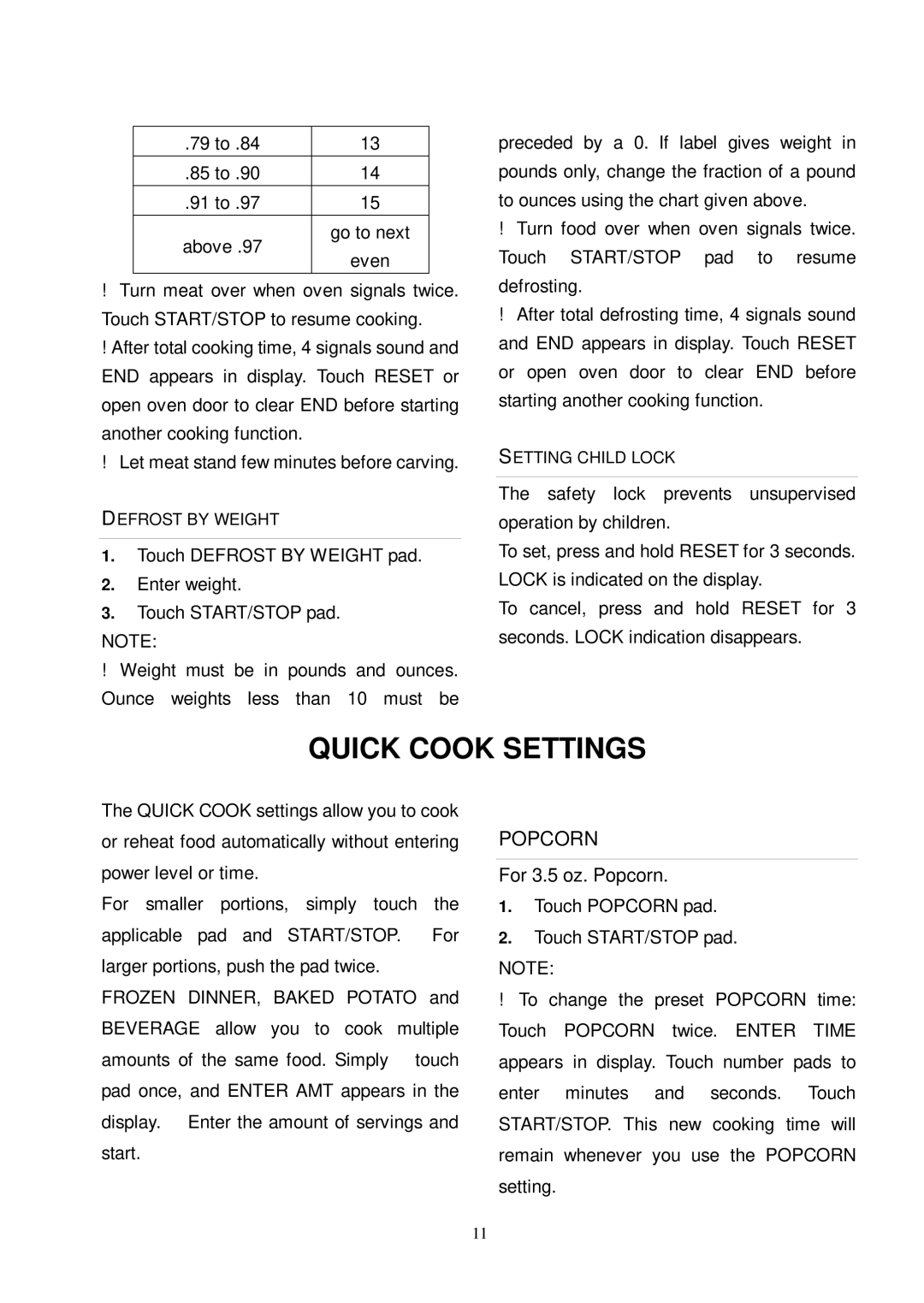 Kenmore 86059 user manual Quick Cook Settings, Popcorn 