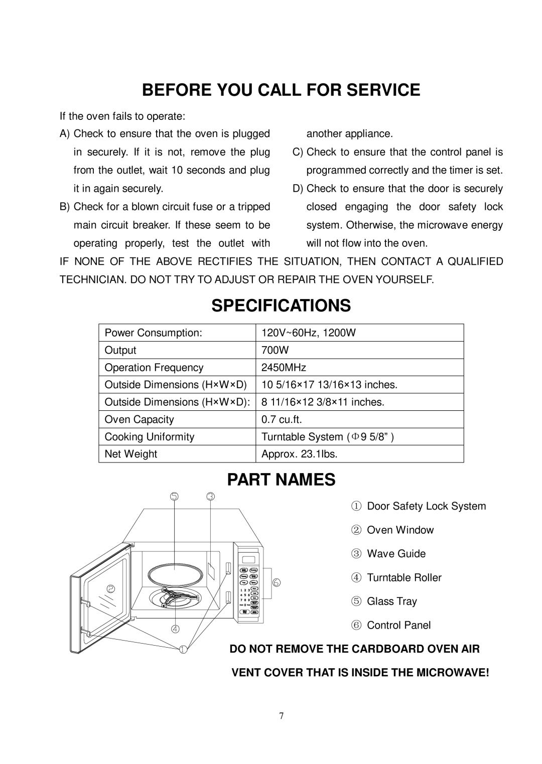 Kenmore 86059 user manual Before YOU Call for Service, Specifications, Part Names 