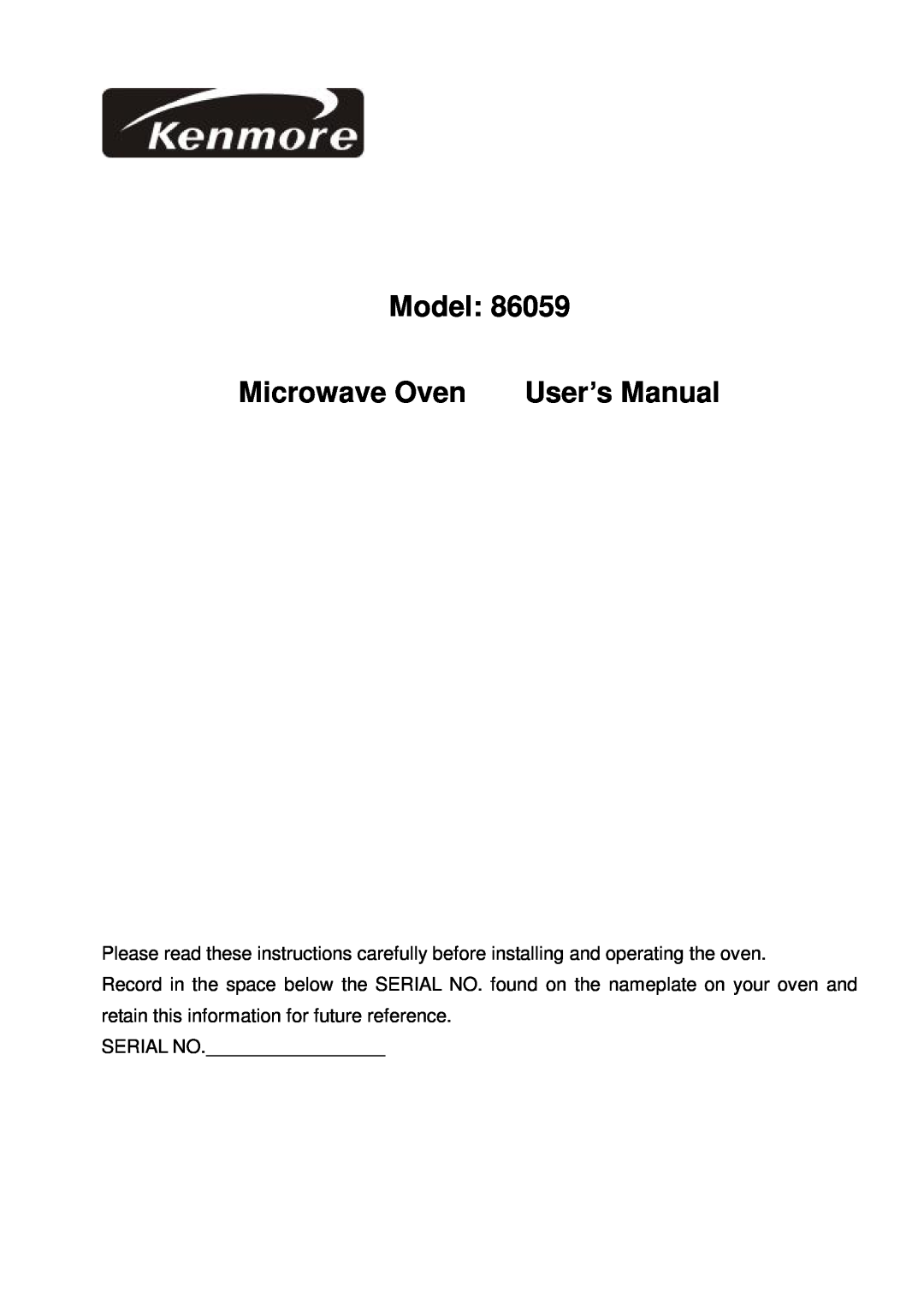 Kenmore 86059 user manual Model, Microwave Oven 