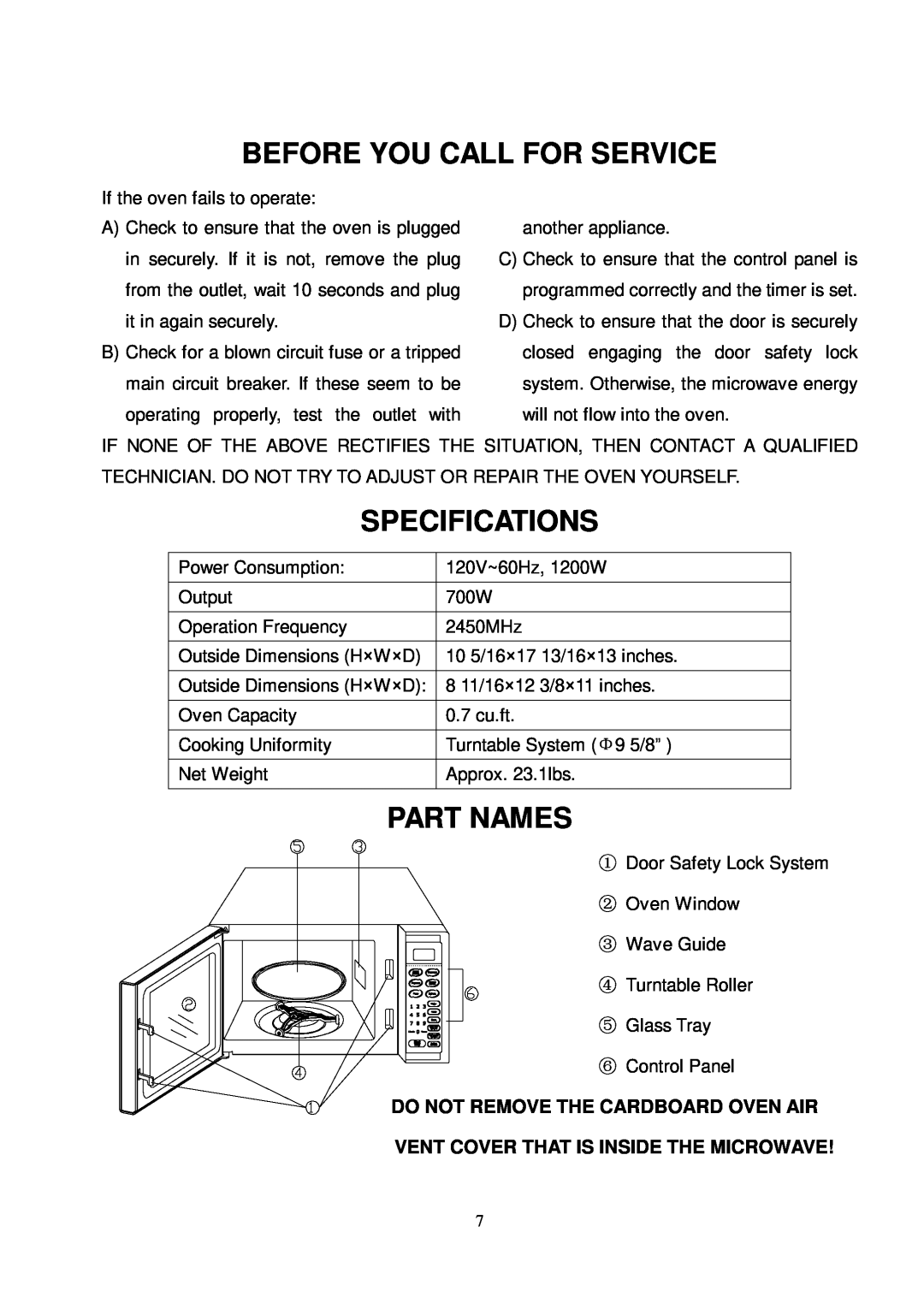 Kenmore 86059 user manual Before You Call For Service, Specifications, Part Names, Do Not Remove The Cardboard Oven Air 